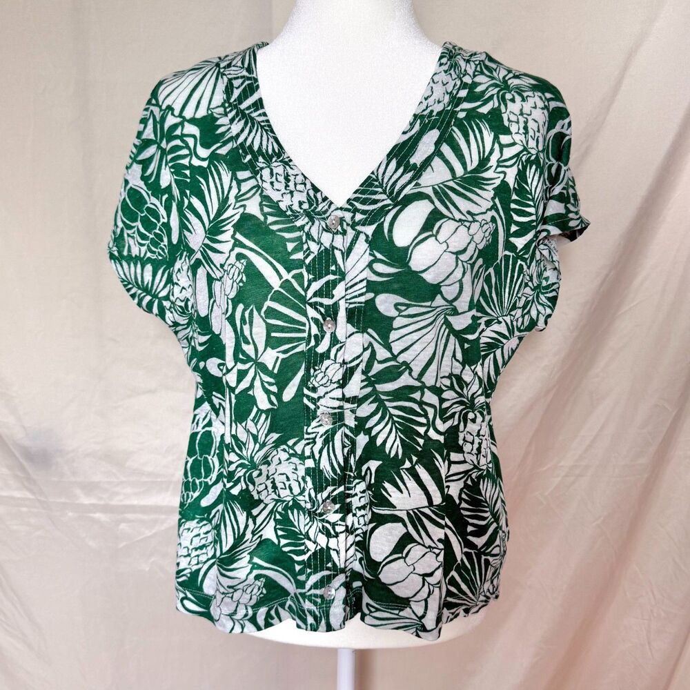 Joie 100% linen blouse womens L green tropical print button front cap sleeve